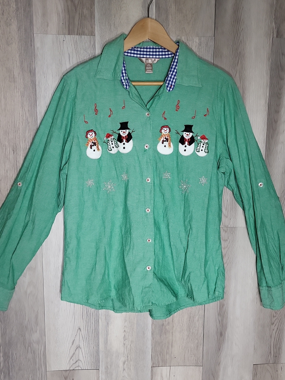 White Stag Vintage Embroidered Button Up Shirt Womens L Christmas Snowman Winter